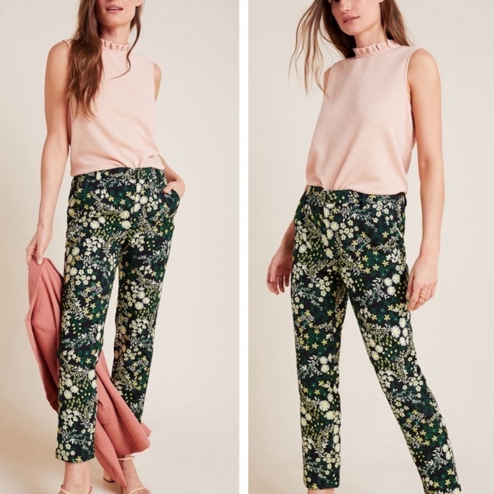 Anthropologie Current Air Daisy Floral Jacquard Slim Straight Trouser Pants XS